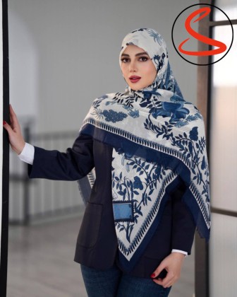 روسری نخی یونیک گلدار سفید سرمه ای کد C26068